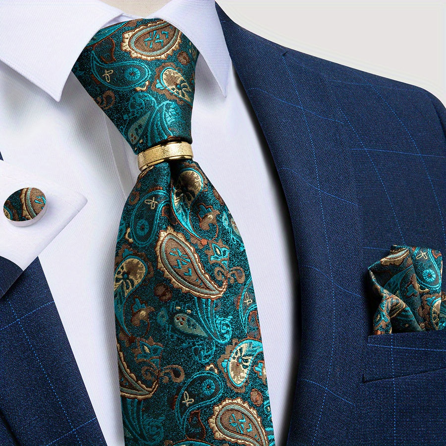 Men's Paisley Silk Wedding Tie Set with Hanky and Cufflinks