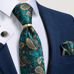 Men's Paisley Silk Wedding Tie Set with Hanky and Cufflinks