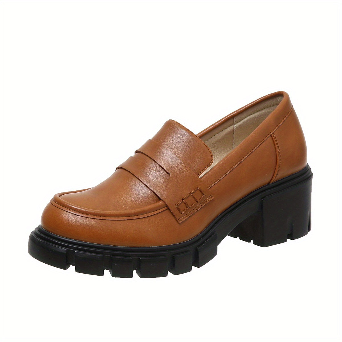 Chunky Heeled Loafers Round Toe PU Leather Shoes