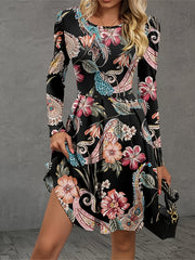 Boho Dress Women's Plus Paisley Floral Print Long Sleeve Round Neck A