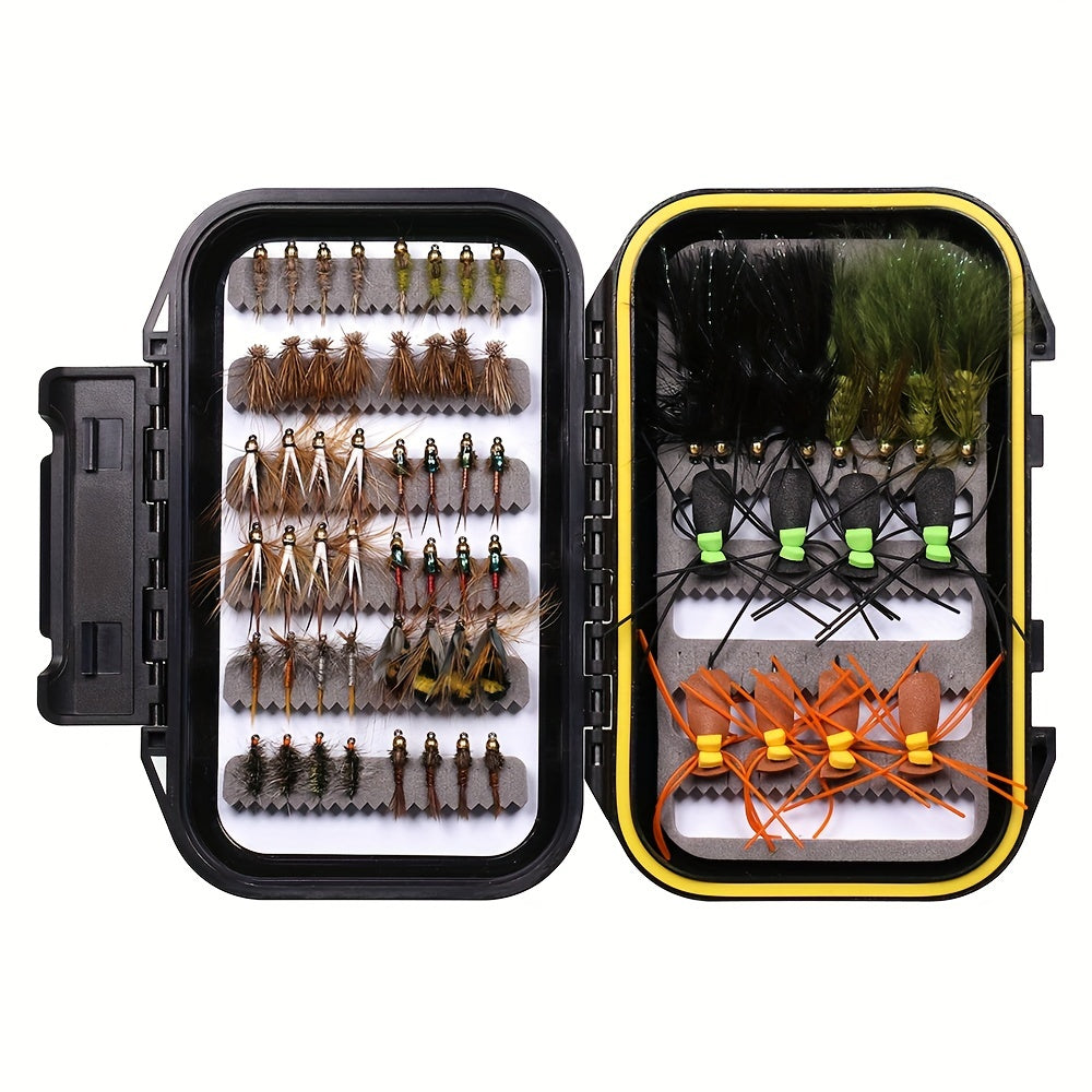 64pcs Fly Fishing Flies Kit Dry Wet Flies Baits Waterproof Box Fishing Gear