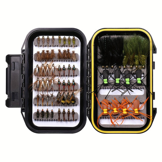 64pcs Fly Fishing Flies Kit Dry Wet Flies Baits Waterproof Box Fishing Gear