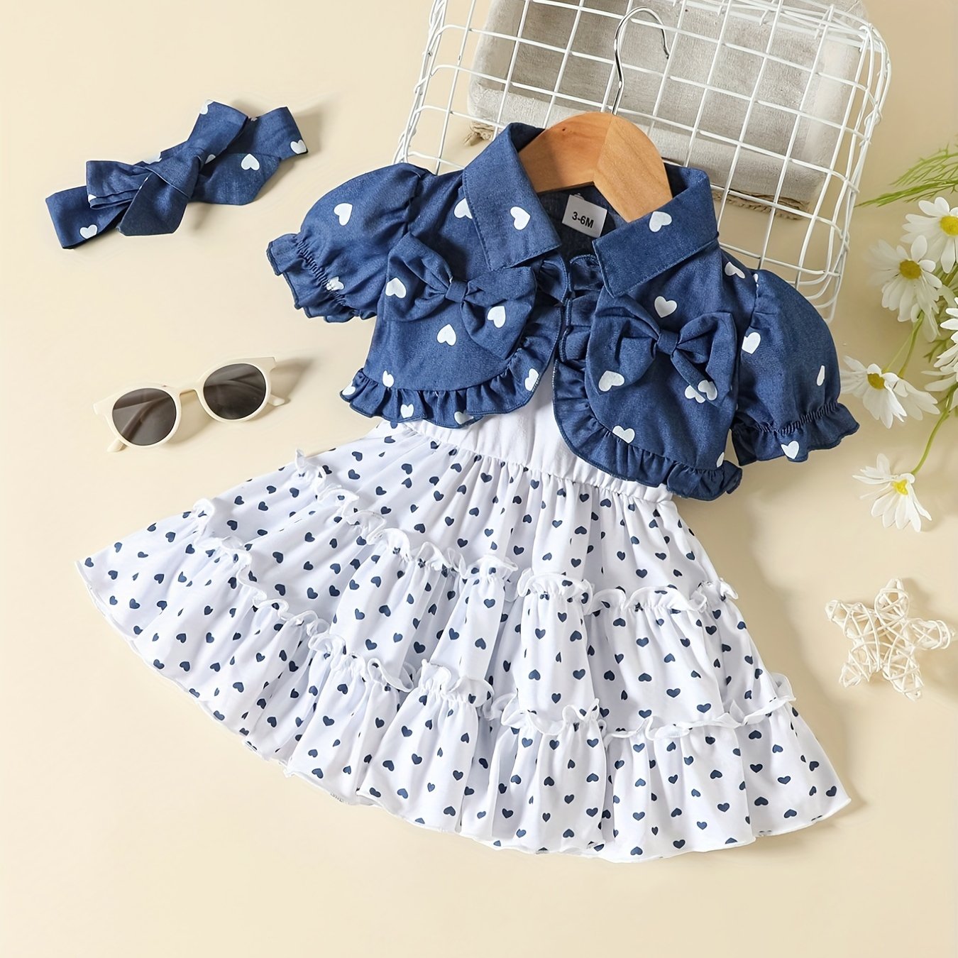 3pcs Girls Polka Dot Top & Dress Set with Headband