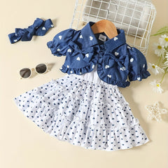 3pcs Girls Polka Dot Top & Dress Set with Headband