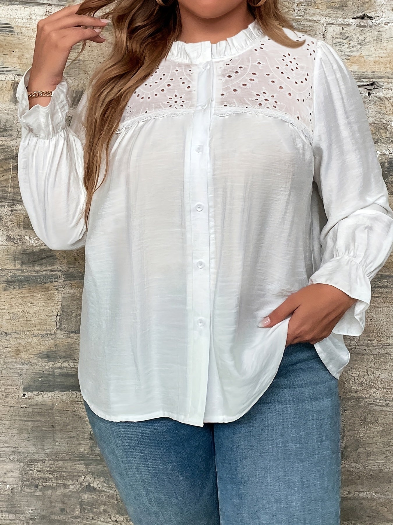 Blouse Women's Solid Eyelet Embroidery Mock Neck Shirt