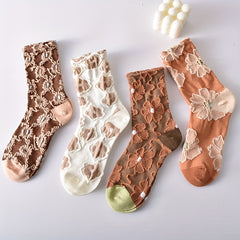 5 Pairs 3D Floral Textured Socks Retro Style All Match Women's Stockings