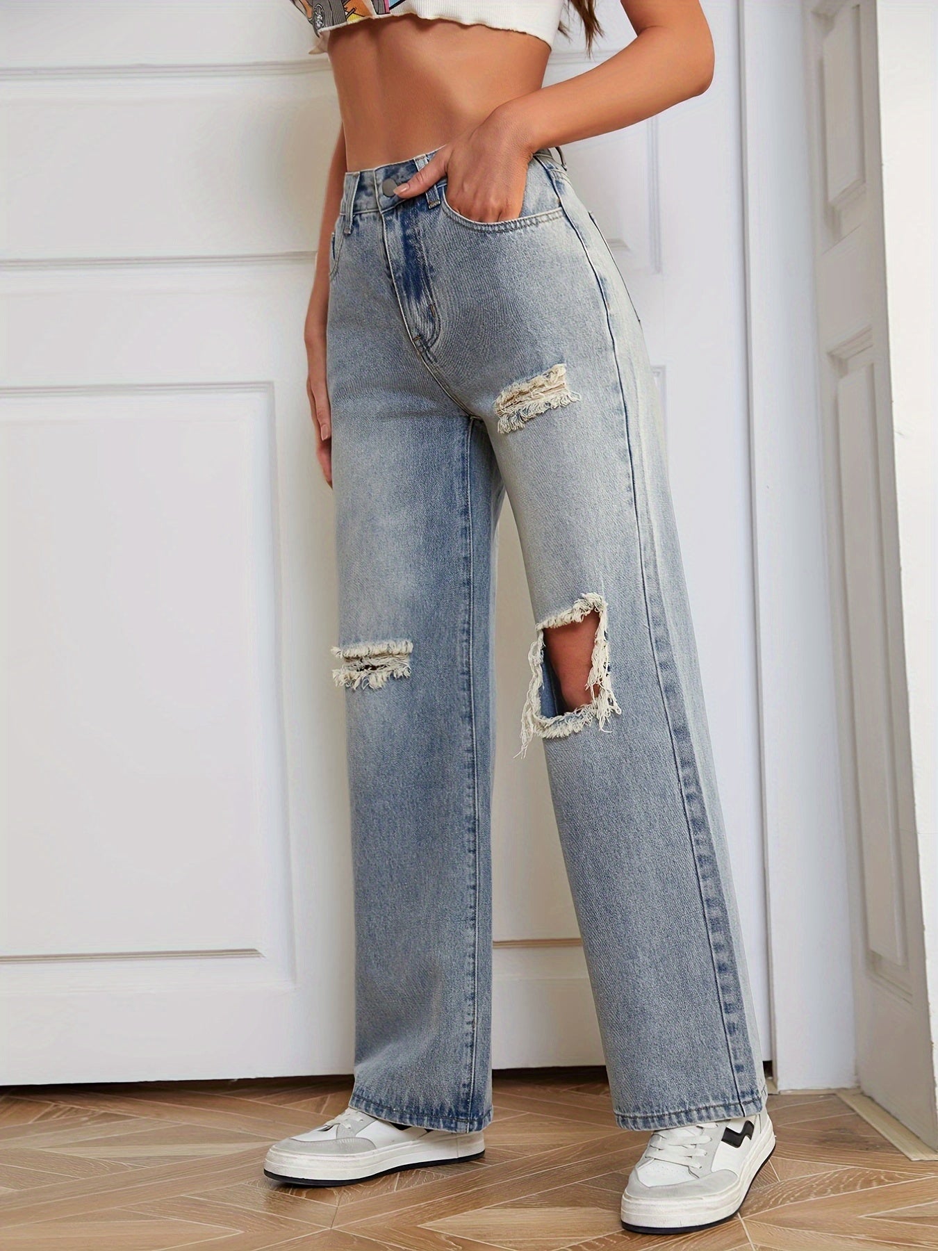 Distressed High Waist Jeans Loose Fit