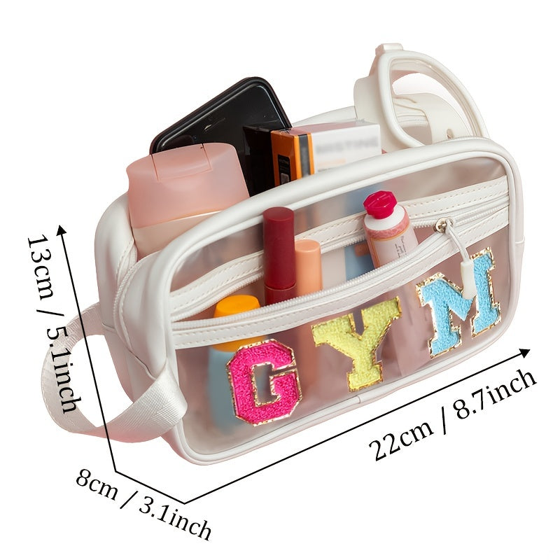 Chenille Letter Patch Clear Makeup Bag Toiletry Pouch for Women