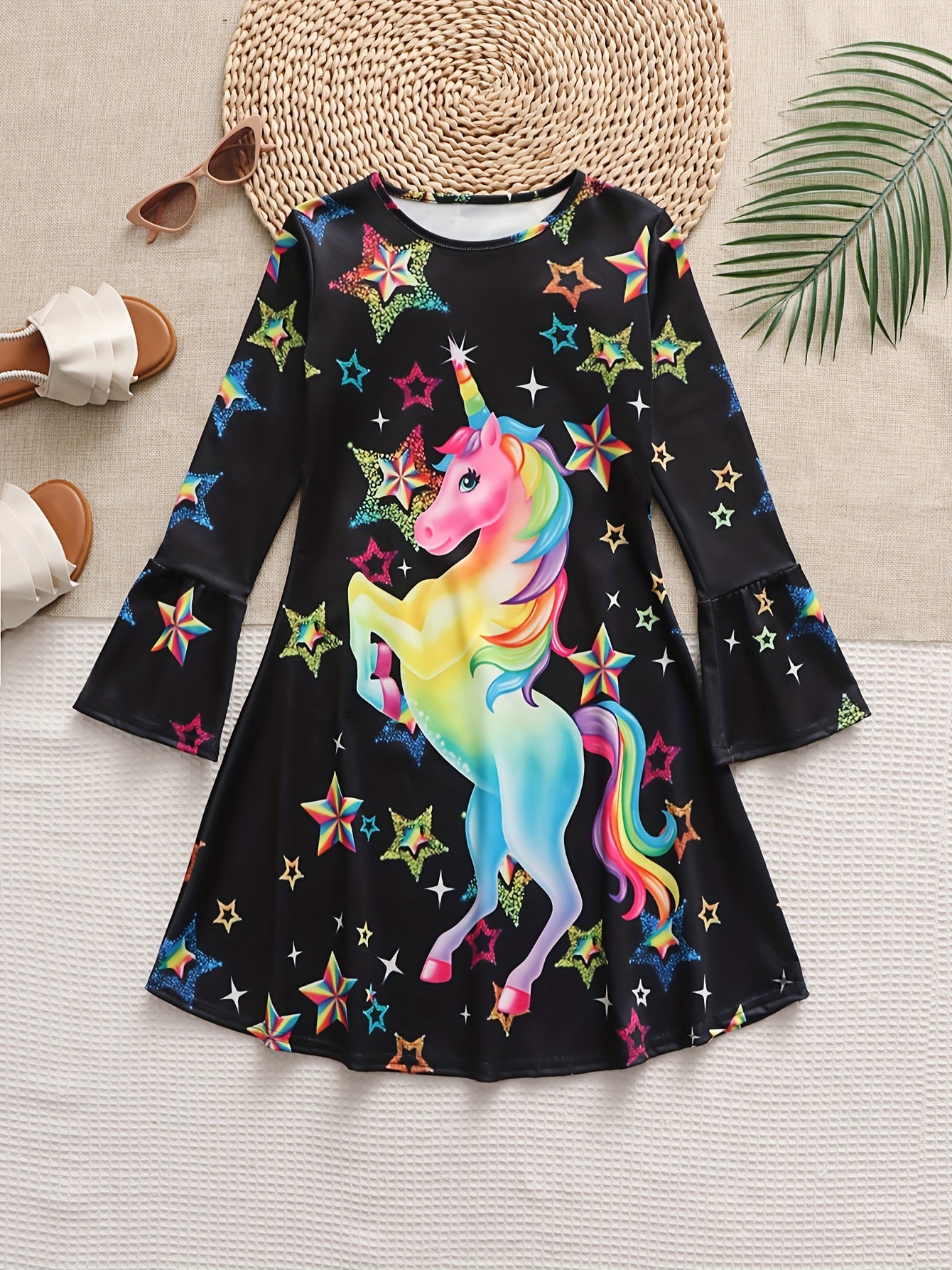 Cartoon Kitty & Rainbow Long Sleeve Dress for Girls