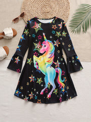 Cartoon Kitty & Rainbow Long Sleeve Dress for Girls