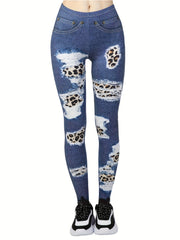 Denim Printed High Waist Leggings Slim Fit Casual Leggings
