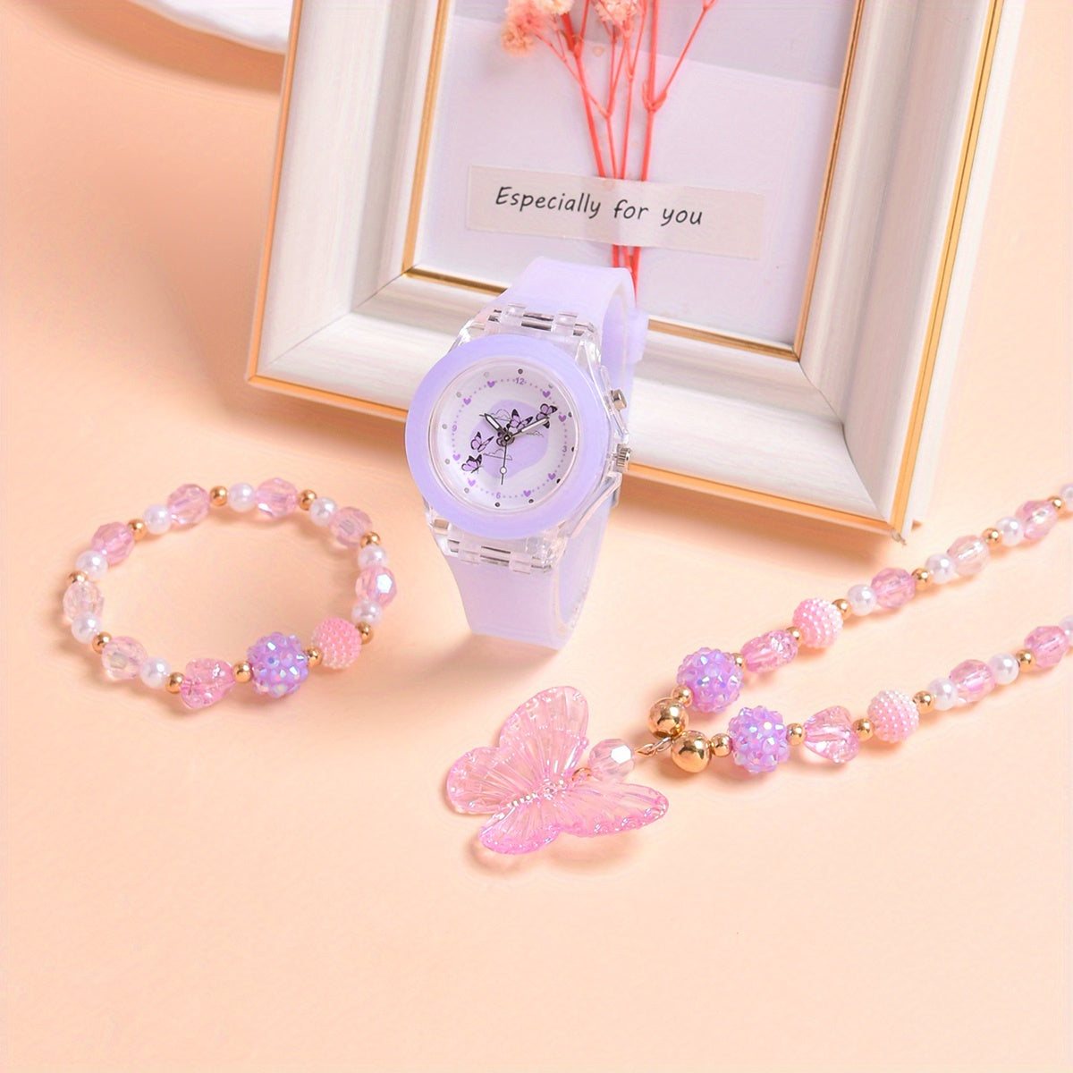 3pcs Set Girls Butterfly Quartz Watch LED Flashing Luminous Wristwatches
