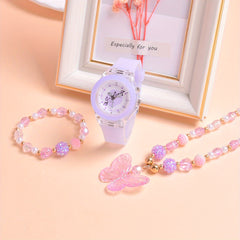 3pcs Set Girls Butterfly Quartz Watch LED Flashing Luminous Wristwatches