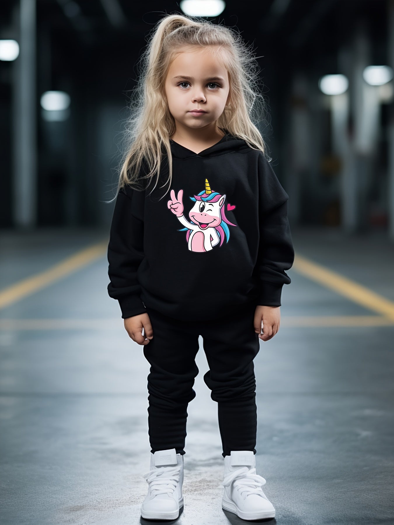 Cartoon Unicorn Hooded Pullover Pants Set For Sports Spring Fall