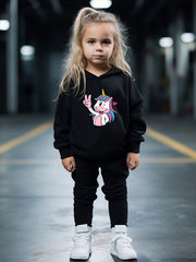 Cartoon Unicorn Hooded Pullover Pants Set For Sports Spring Fall