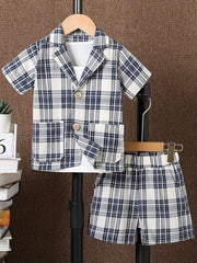 Boys Plaid Suit Short Sleeve Shirt&Vest&Shorts Kids Summer Clothing