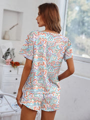Geometric Print Pajama Set Short Sleeve Crew Neck Top & Elastic Waistband Shorts