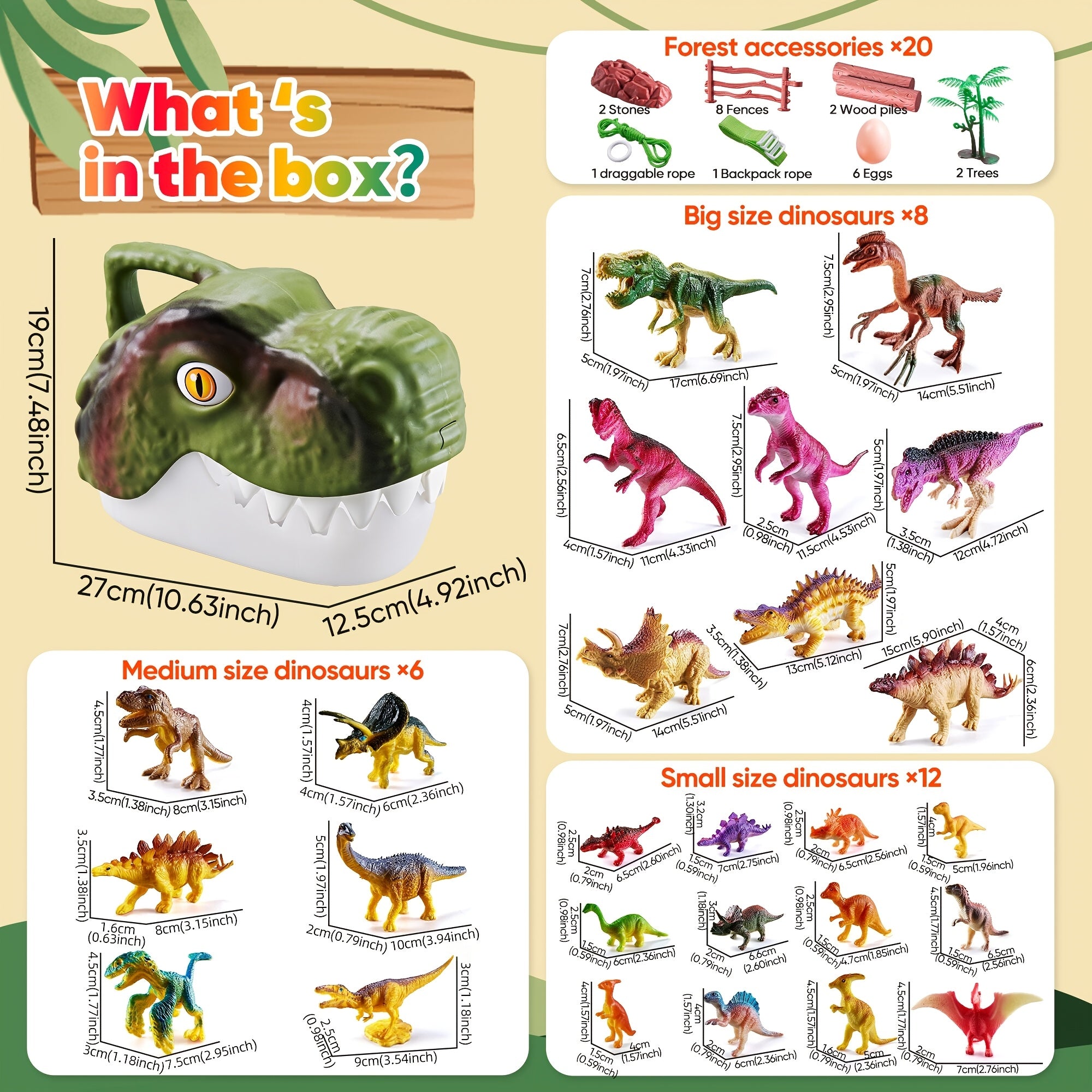 48pcs Dinosaur Playset Realistic Figures Eggs Trees Fence Educational Toy Green