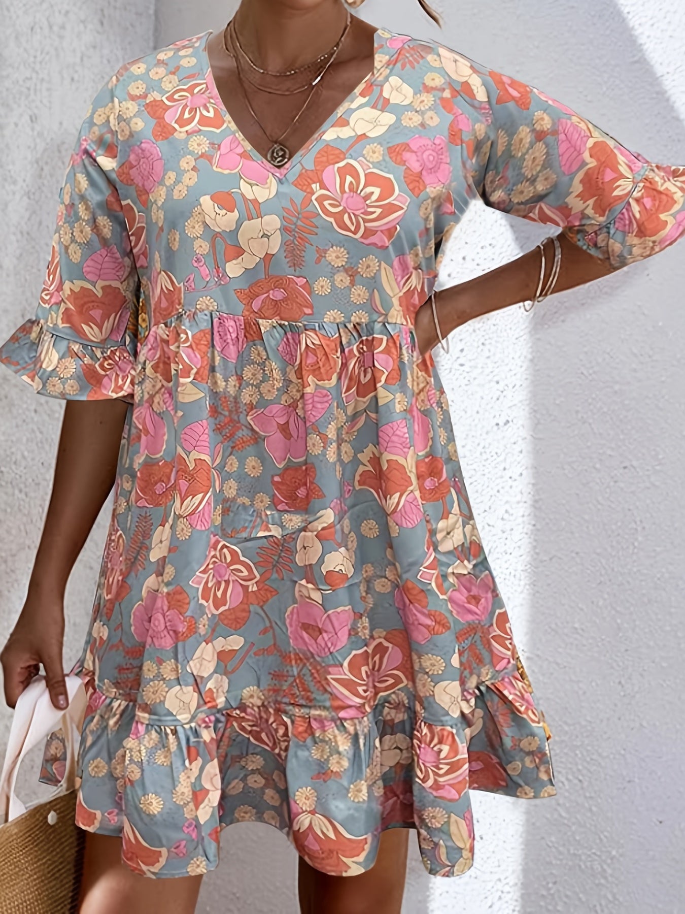 Floral Ruffle Trim V Neck Plus Size Boho Dress