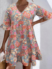 Floral Ruffle Trim V Neck Plus Size Boho Dress