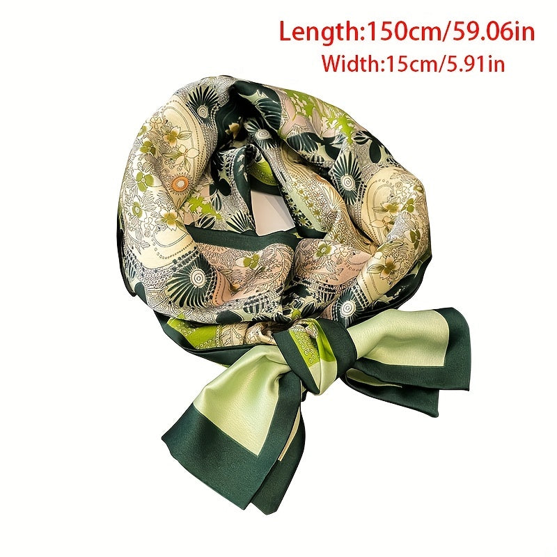 Classic Long Skinny Scarf Floral Print Satin Twilly Neckerchief