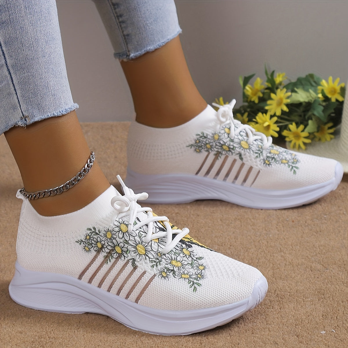 Floral & Butterfly Sneaker Flatform Lace-Up Low Shoes