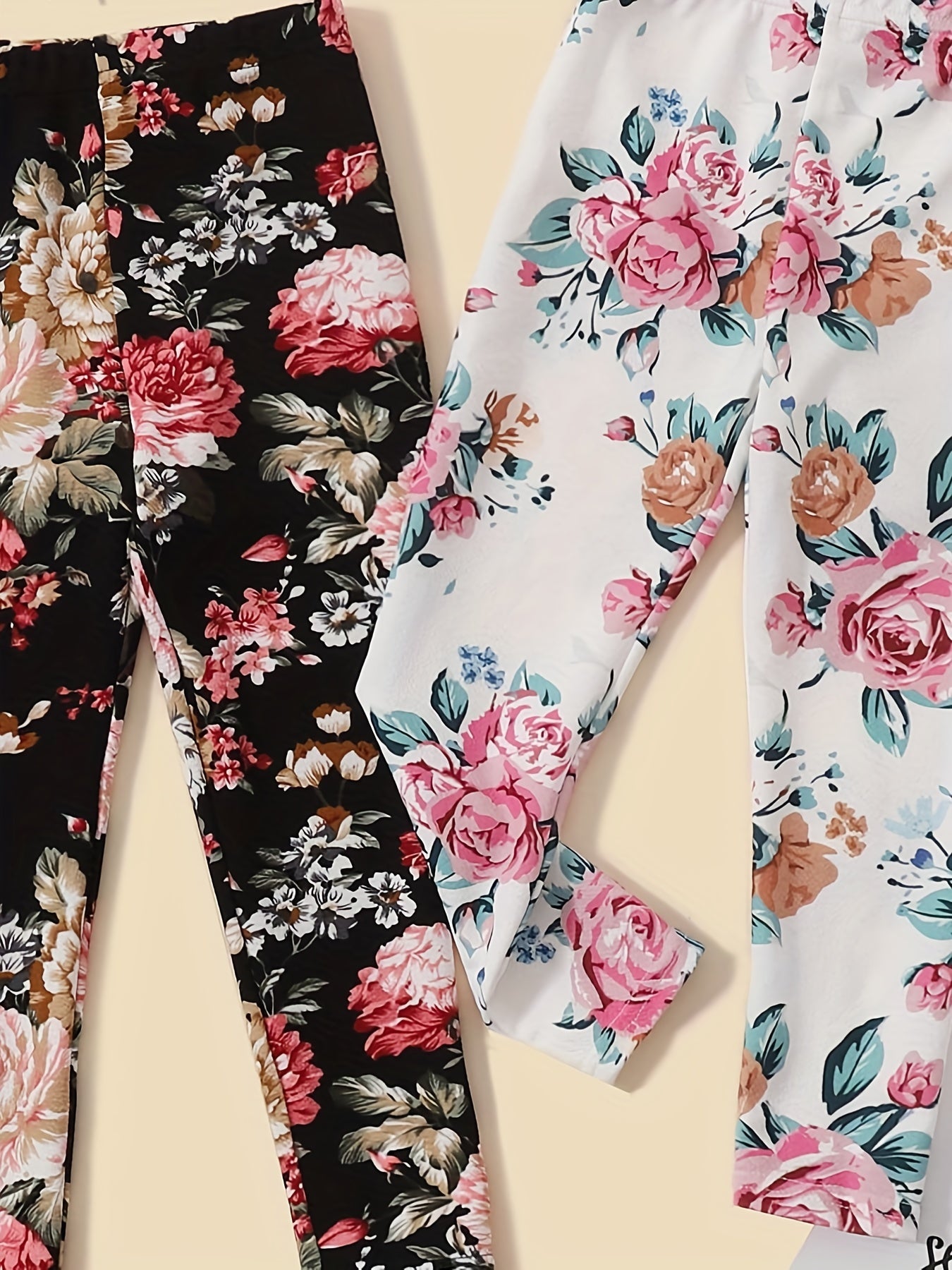 2pcs Girls' Stretchy Legging Pants Set With Floral Print