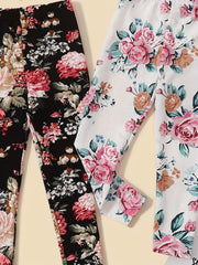 2pcs Girls' Stretchy Legging Pants Set With Floral Print