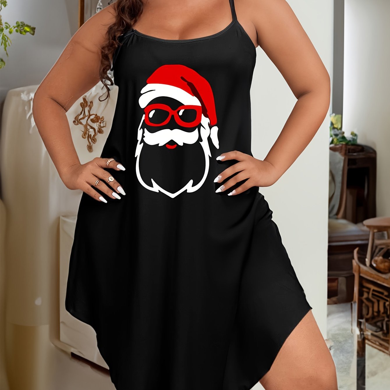 Christmas Sexy Nightdress Women's Plus Santa Claus Print Round Neck