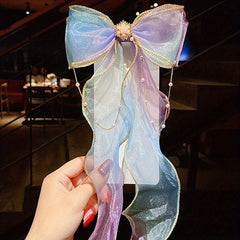 Mesh Gradient Bow Tassel Hair Clips for Holiday Party Girls