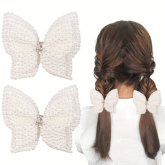 2pcs Faux Pearl Bow Hair Clips Set Decorative Hair Accessories Girls