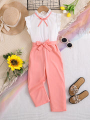 Girls Stand Collar Sleeveless Long Jumpsuit With Belt For Casual Outing