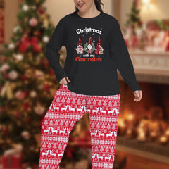 Plus Size Christmas Pajamas Set Women's Gnomes & Elk Print Tee & Pants