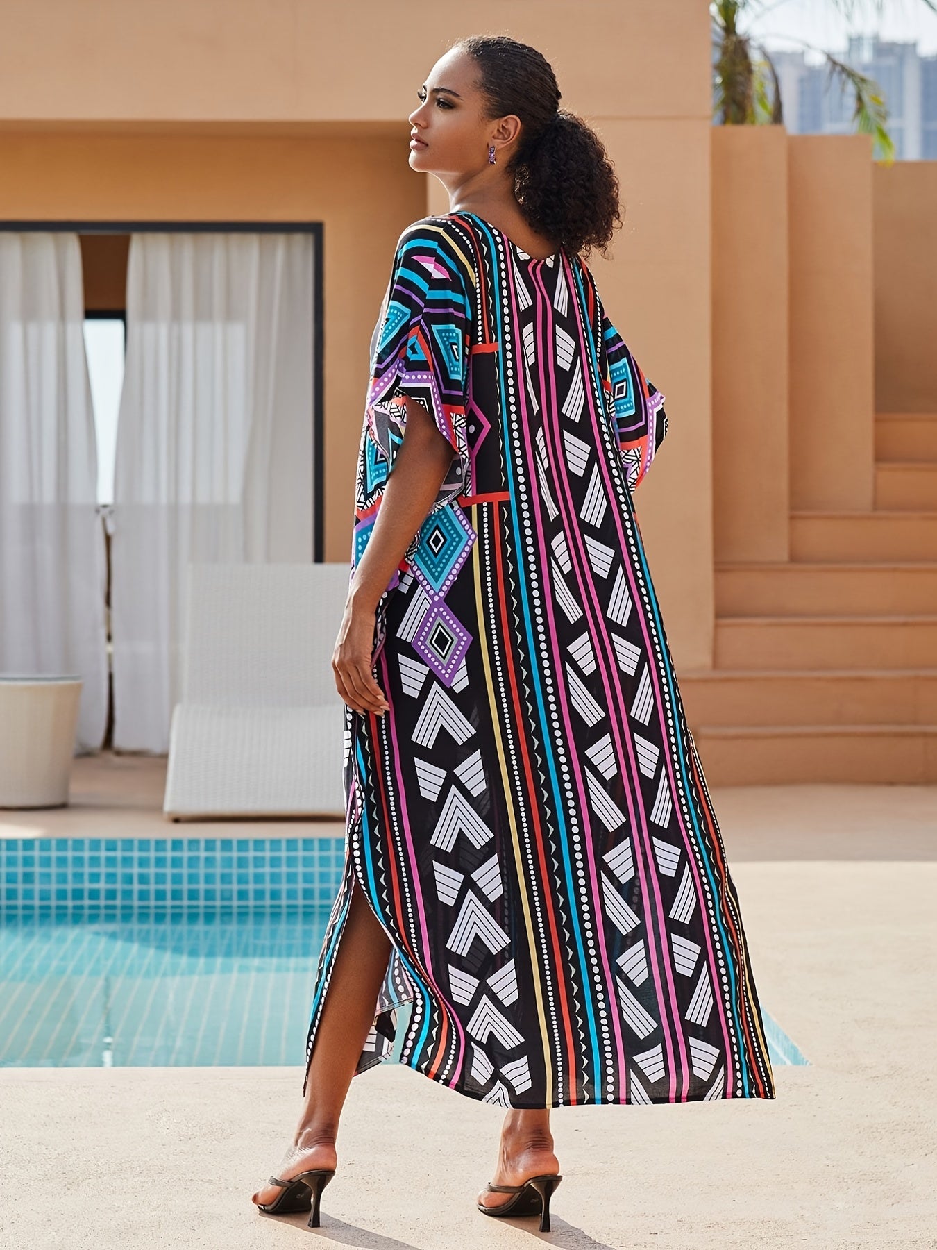 Boho Kaftan Dress Women's Plus Geo Print V Neck Maxi Beach Dress