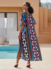 Boho Kaftan Dress Women's Plus Geo Print V Neck Maxi Beach Dress
