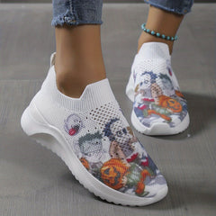 Women's Pumpkin Pattern Sneakers Low Round Toe Non slip Knit Breathable Shoes