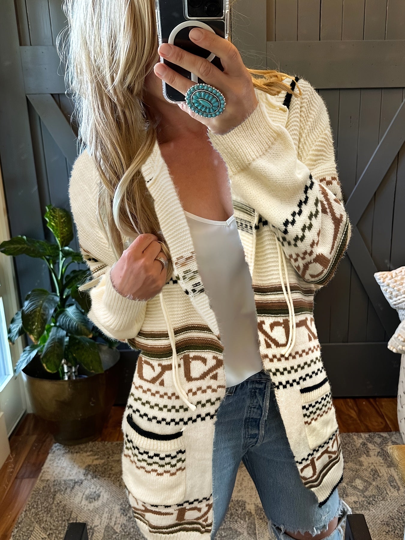 Geometric Print Hooded Drawstring Cardigan