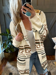 Geometric Print Hooded Drawstring Cardigan