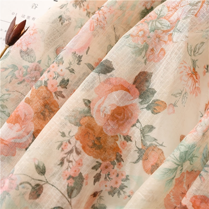 Women's Linen Pink Floral Print Fringe Scarf