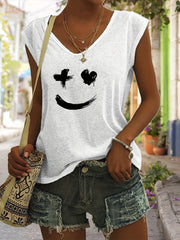 Smile Print V Neck Tank Top Women's Sleeveless Casual Summer Tank