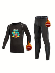 Kids Compression Monster Pattern Fleece Set Long Sleeve Shirt & Pants