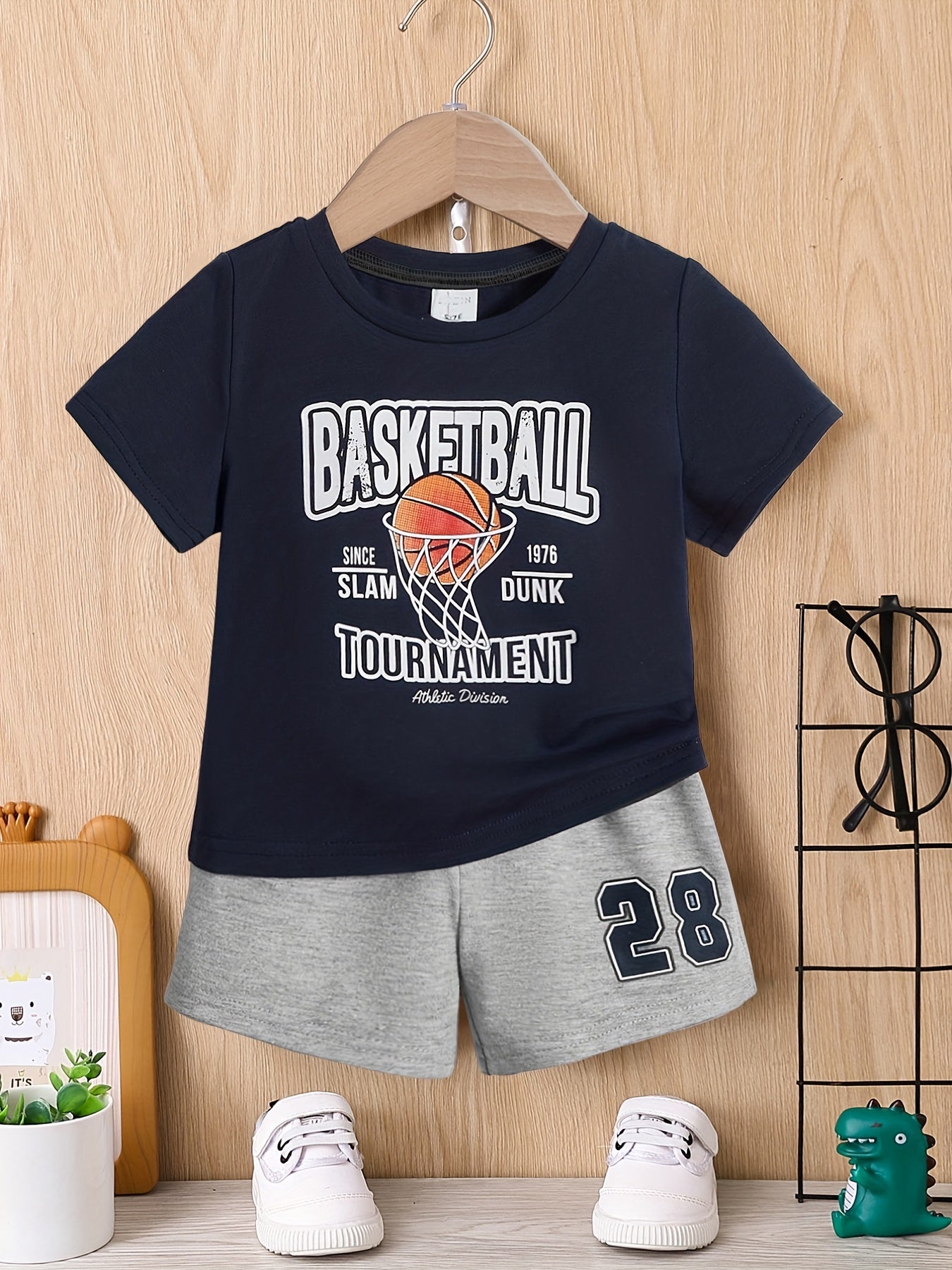 Boys Dinosaur Block Outfit Shorts & Round Neck T shirt Casual Kids Summer