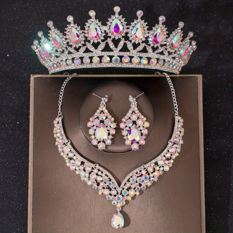 Green Crystal Bridal Jewelry Set Party Rhinestone Tiara Necklace Earrings