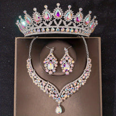Green Crystal Bridal Jewelry Set Party Rhinestone Tiara Necklace Earrings