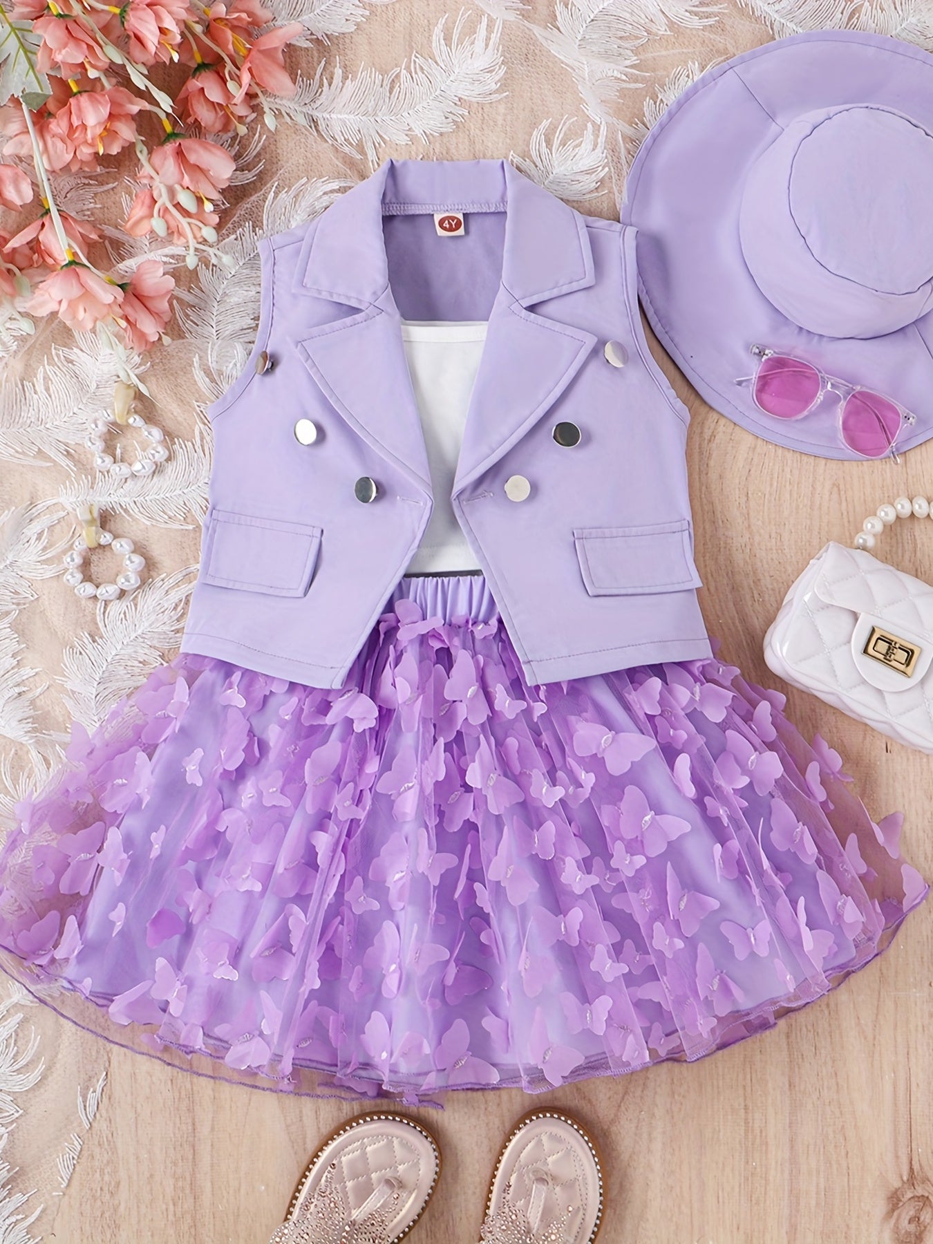 Girls Butterfly Tulle Tutu Skirt & Vest & Hat Set
