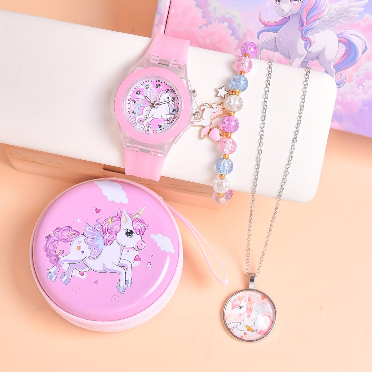 4pcs Unicorn Theme Girls' Watch Set Quartz Non Waterproof