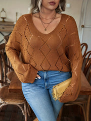 Solid Pointelle Long Sleeve V Neck Sweater