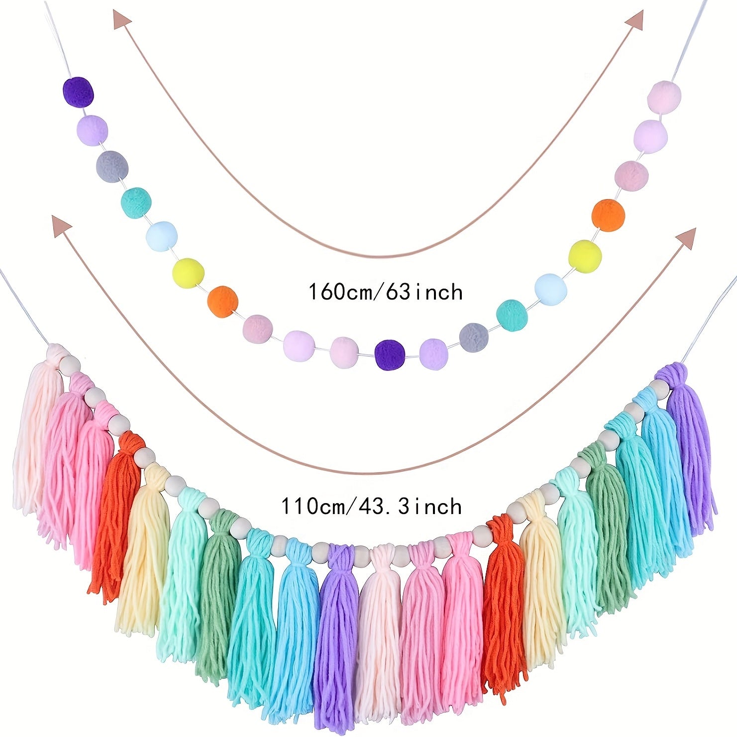 Bohemian Fringe Wreath Wood Bead Wall Hanging Pomm Pomm Ball Decorated