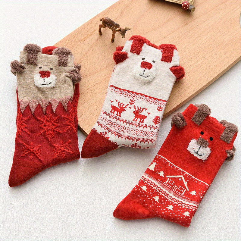 3 Pairs Elk Print Socks Women's Stockings