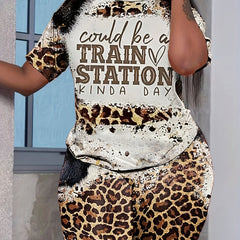 Leopard Print 2 piece Set Short Sleeve T shirt & High Waist Shorts Outfit